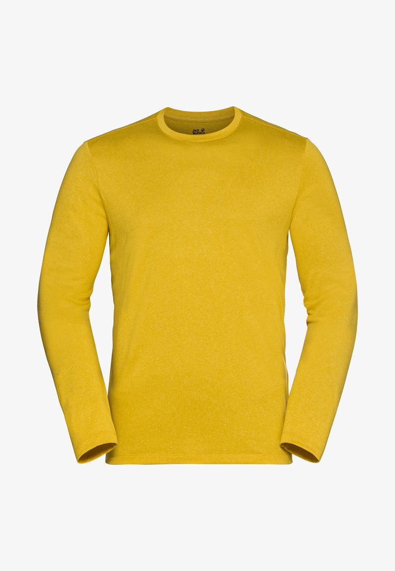 Men's mustard yellow long-sleeve crew neck shirt with subtle brand logo on chest, plain design, smooth fabric texture.
