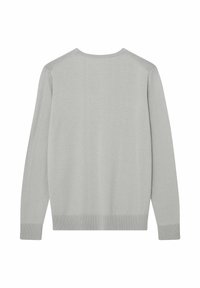 Helles graues Sweatshirt, lange Ärmel, runder Hals, glatte Textur, gerippte Manschetten und Saum, minimales Design ohne sichtbare Logos oder Muster.