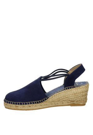 Navy blue suede wedge sandal with woven jute sole, slingback design, and crisscross straps. Features a rounded toe and textured surface.