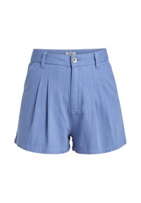 Pantaloni corti plissettati blu chiaro realizzati in tessuto testurizzato, con chiusura frontale a bottone e tasche laterali.