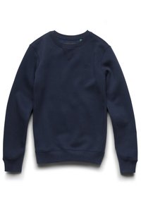 Sweat-shirt bleu marine col rond, manches longues, poignets et ourlet côtelés, avec un logo discret sur la poitrine gauche.