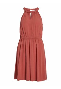 Rostfarbenes Kleid mit Halterneck und Schlüsselloch-Ausschnitt. Verfügt über einen strukturierten Stoff und einen elastischen Bund für ein gerafftes Rockdesign.