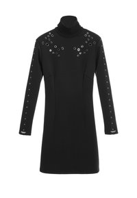 Vestido negro de cuello alto con mangas largas, que presenta acentos de ojales en los hombros y a lo largo de las mangas, además de bolsillos laterales. Textura suave.