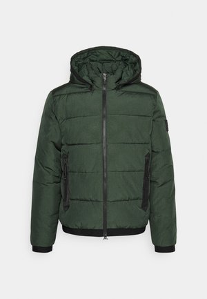 Giacca a vento verde con chiusura a zip, cappuccio e dettagli neri. Presenta una superficie testurizzata, design trapuntato e tasche laterali.