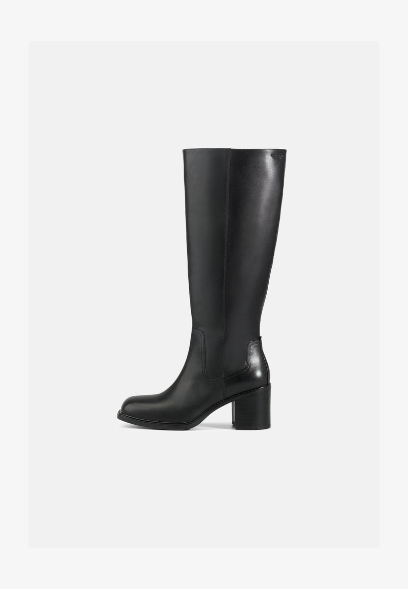 Botas de cuero negro hasta la rodilla con una textura suave, punta redonda y tacón cuadrado. Presentan paneles laterales cosidos y un diseño elegante.