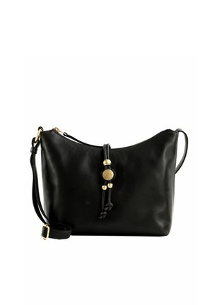 Sac bandoulière en cuir noir avec une sangle réglable, des accents dorés et un cordon décoratif avec des perles sur le devant.