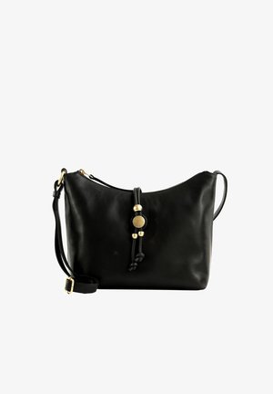 Sac bandoulière en cuir noir avec une sangle réglable, des accents dorés et un cordon décoratif avec des perles sur le devant.
