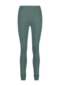 Grüne High-Waist-Leggings aus elastischem Stoff. Mit einer glatten Textur und gerafften Knöcheln für einen enganliegenden Look. Minimale Markenkennzeichnung.