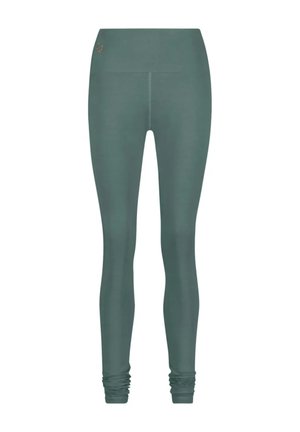 Grüne High-Waist-Leggings aus elastischem Stoff. Mit einer glatten Textur und gerafften Knöcheln für einen enganliegenden Look. Minimale Markenkennzeichnung.