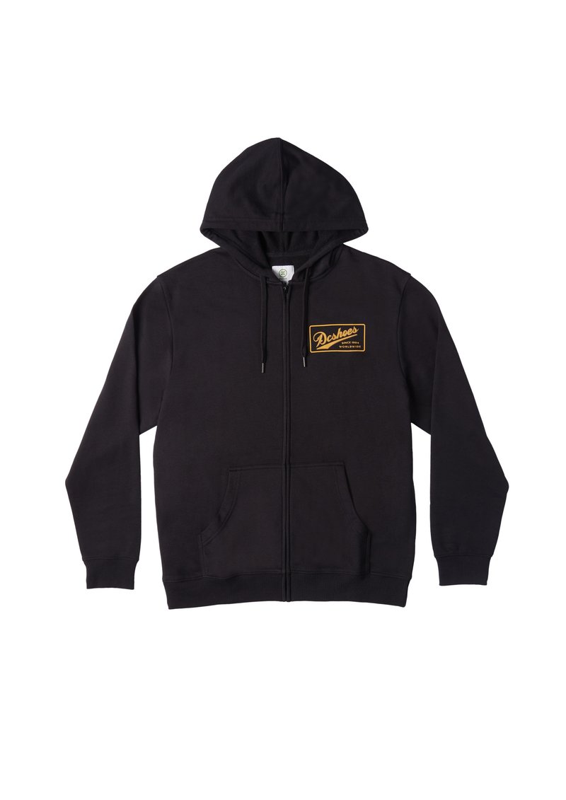 Sudadera con cremallera negra hecha de una mezcla de algodón, con un parche de logo en dorado en el frente, capucha ajustable con cordón y bolsillos frontales.