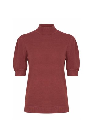 Short-sleeve turtleneck sweater in a dusty rose color, featuring ribbed cuffs and neckline, with a smooth knit texture.