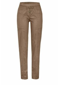 Braune, taillierte Hose aus weichem Stoff, mit einem elastischen Bund und Kordelzug, seitlichen Taschen und vertikalen Nähten.