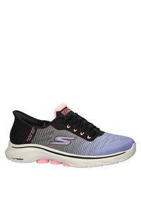 Shoe features black, grey, and lavender mesh upper with black laces, pink accents, a cushioned sole, and a distinctive logo on the side.