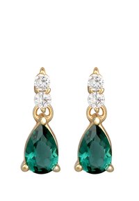 Boucles d'oreilles en or avec un pendentif en forme de goutte d'eau en gemme verte, situé en dessous de deux pierres rondes et transparentes, avec une finition lisse et des sertissages à griffes sécurisés.