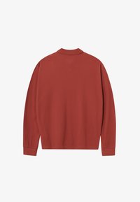 Sweter z długimi rękawami w kolorze rdzy, wykonany na drutach, o strukturalnej fakturze, pokazany z tyłu na białym tle.