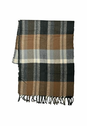 Geweven geruite sjaal in donkerbruin, grijs en zwart. Voorzien van franjes aan de randen en verschillende ruitpatronen. Zachte textuur en rechthoekige vorm.