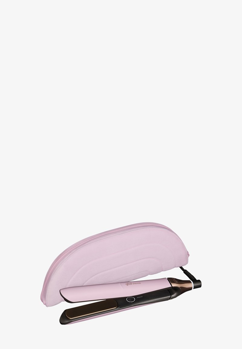 Rosa hårrätare med en smidig, rundad design och en svart kontrollpanel. Inkluderar ett mjukt rosa fodral med dragkedja.