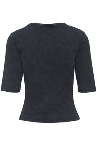 Dark gray ribbed t-shirt with three-quarter sleeves, round neckline, and a fitted shape. Soft texture with subtle color variations.