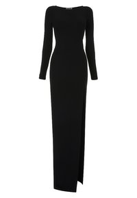 Lång svart kvällsklänning med lång ärm, figursydd midja och sidoslits som sträcker sig från knäet till fållen.