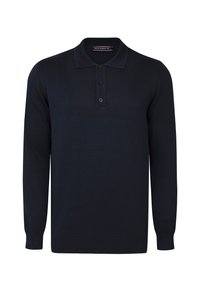 Granatowy, dziany sweter polo z długimi rękawami, z zapięciem na trzy guziki i ściągaczami na mankietach. Gładka tekstura i prosty design.