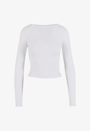 Biele dlhé rukávy skrátená blúzka s okrúhlym výstrihom, vyrobená z hladkej, elastickej tkaniny, so priliehavým strihom a bez viditeľných zapínaní.