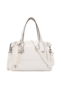 Borsa a mano in pelle bianca con doppio manico superiore, tracolla rimovibile, hardware argentato e un elegante tassello decorativo. Presenta cuciture a contrasto.