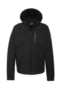 Chaqueta negra con capucha, cremallera frontal, bolsillos laterales y un bolsillo vertical en el pecho; presenta una textura suave y costuras reforzadas.