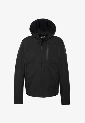 Schwarze Kapuzenjacke mit einem Front-Reißverschluss, Seitentaschen und einer vertikalen Brusttasche; verfügt über eine glatte Textur und verstärkte Nähte.