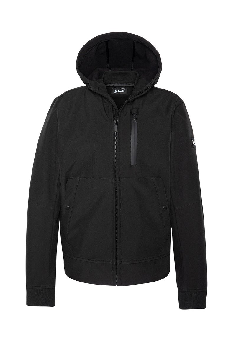 Chaqueta negra con capucha, cremallera frontal, bolsillos laterales y un bolsillo vertical en el pecho; presenta una textura suave y costuras reforzadas.