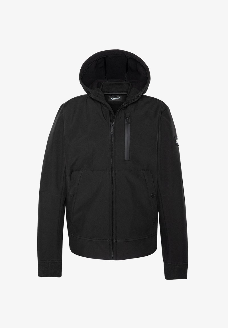 Chaqueta negra con capucha, cremallera frontal, bolsillos laterales y un bolsillo vertical en el pecho; presenta una textura suave y costuras reforzadas.