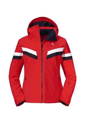 Red waterproof jacket with a hood, featuring white and navy vertical stripes across the chest and arms, front zipper, and zippered pockets.