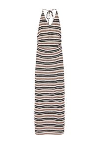 Gestreiftes Halterkleid mit V-Ausschnitt, das horizontale Linien in Schwarz, Weiß und Rost zeigt. Der Stoff wirkt leicht und glatt.