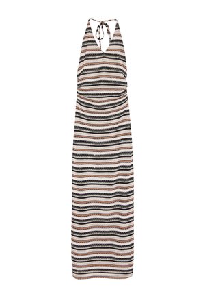 Striped halter dress with a V-neckline, featuring horizontal lines in black, white, and rust. Fabric appears lightweight and smooth.