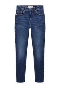 Jean skinny bleu foncé à coupe ajustée, fermeture frontale par bouton et zip, passants de ceinture et cinq poches, posé à plat sur fond blanc.