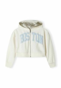 Cropped hoodie in cream, features a zip front, large light blue "BOSTON" print, and a soft, textured fabric with a hood.
