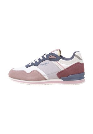 Białe, malwowe i granatowe casualowe trampki z sznurowadłami, akcentami z zamszu oraz logo "Pepe Jeans" na boku i pięcie.