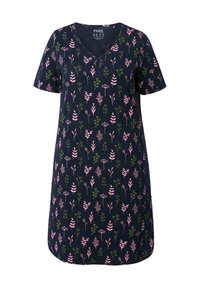 Abito navale a maniche corte con scollo a V, caratterizzato da un motivo floreale in rosa e verde su tessuto morbido. Vestibilità ampia, design all'altezza del ginocchio.