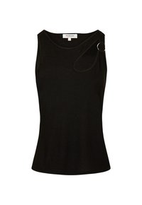 Black sleeveless top made of ribbed fabric, featuring a curved neckline and a distinctive ring accent on the left shoulder.