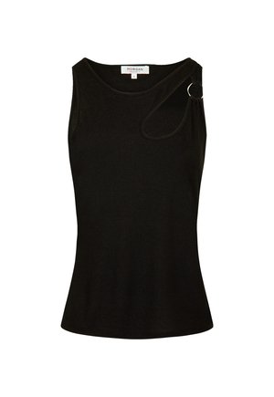 Top nero senza maniche realizzato in tessuto a costine, con scollatura curvata e un caratteristico anello decorativo sulla spalla sinistra.