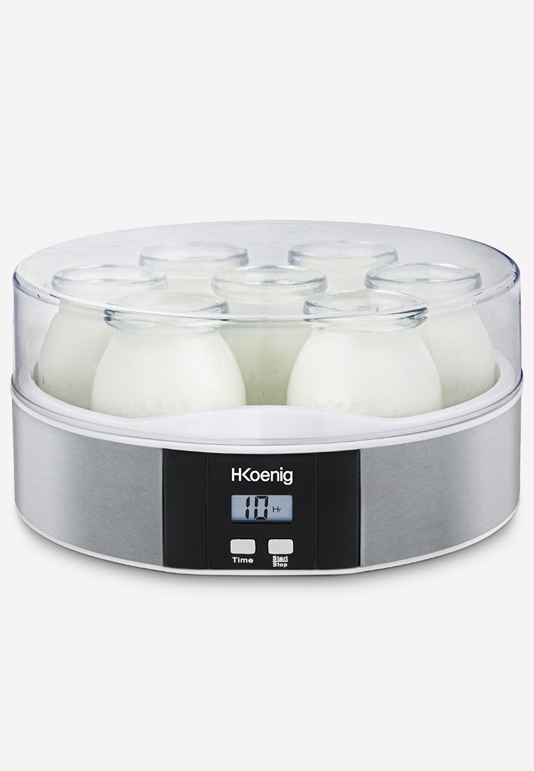 Yogurtiera elettrica con sette vasetti di vetro, timer digitale che mostra 10 ore, base in acciaio inossidabile e coperchio in plastica trasparente.