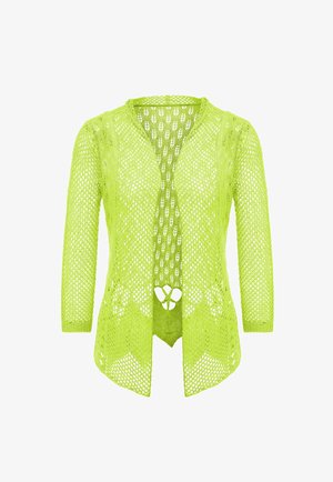 Limegrøn åbenstrikket cardigan med trekvartærmer, der har en V-udskæring og et mønster. Let og luftig tekstur.