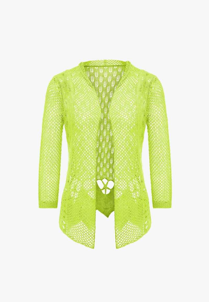 Cardigan en mailles ajourées vert lime avec des manches trois-quarts, présentant un col en V et un design à motifs. Texture légère et aérée.