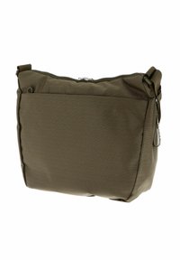 Sac en bandoulière rectangulaire vert olive avec fermeture éclair en haut, poche avant et sangle d'épaule réglable.