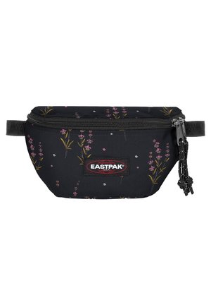 Sac banane Eastpak noir avec petits motifs floraux roses et jaunes, fermeture éclair à l'avant et écusson logo au centre.