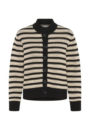 Cardigan en maille rayé noir et beige avec manches longues, col, poignets et ourlet côtelés, et boutons noirs sur le devant.