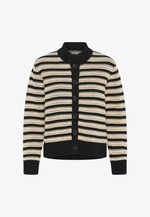 Melns un bēšs svītrains adīts kardigans ar garām piedurknēm, ribains apkakle, aproces un apakšmala, melnas pogas priekšpusē.