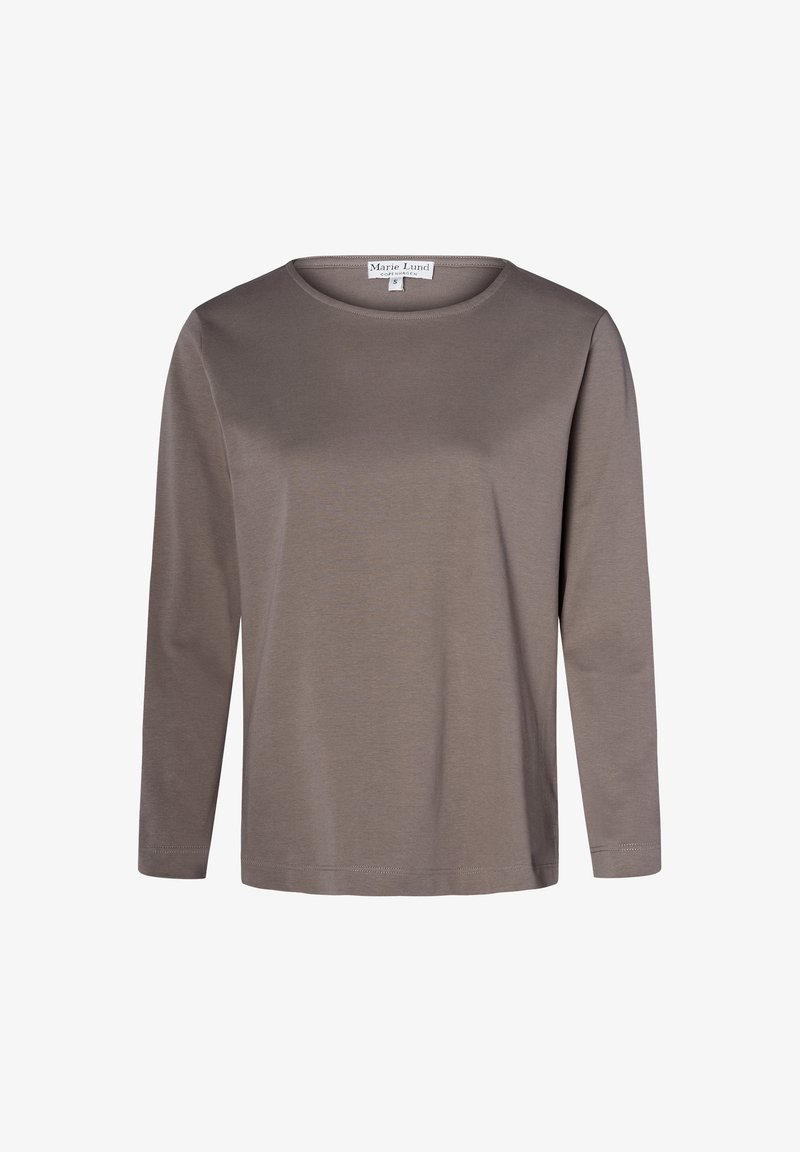 Langarmhemd in Hellbraun, aus weichem Stoff gefertigt. Mit Rundhalsausschnitt und geradem Schnitt. Einfaches Design ohne Muster oder Akzente.