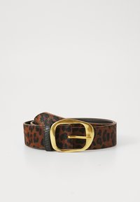 Leopard-print belt made of textured brown faux fur with a shiny gold metal buckle and black leather accents.