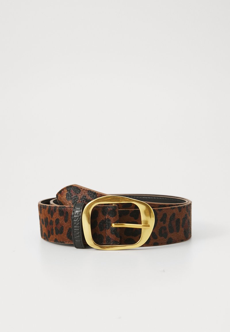 Leopard-print belt made of textured brown faux fur with a shiny gold metal buckle and black leather accents.