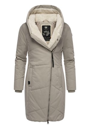 Manteau rembourré gris clair avec une capuche texturée doublée en polaire et un intérieur également doublé en polaire. Il dispose d'une fermeture éclair à l'avant et de deux poches latérales.